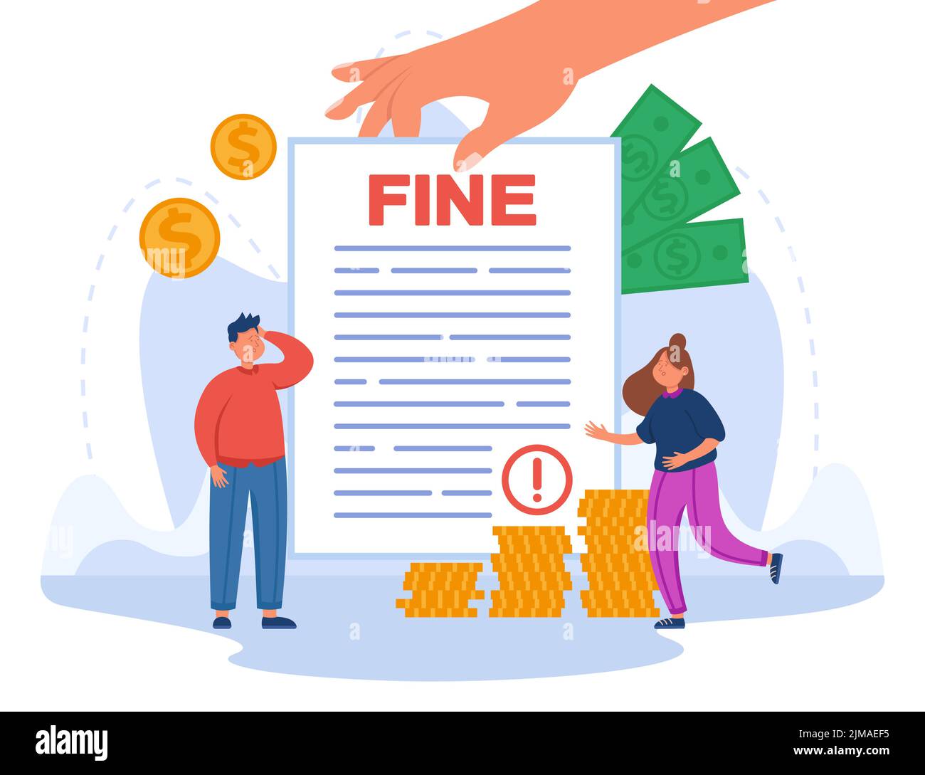 Tiny people with huge fine document flat vector illustration. Sad man and woman getting penalty or mulct from police for breaking law, paying traffic Stock Vector