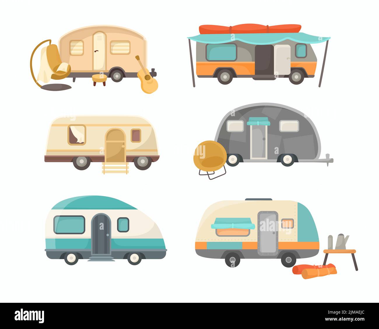 Various RV or house trailers cartoon illustration set. Vintage vans, mobile home or camping truck for travel, adventure, journey in summer family vaca Stock Vector