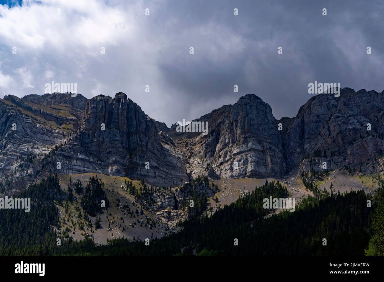 Serra del Cadí mountain range, Catalonia, Spain, with 500 high cliffs, reaching altitudes of over 2000m. The mountains lie within the Parc Natural del Stock Photo