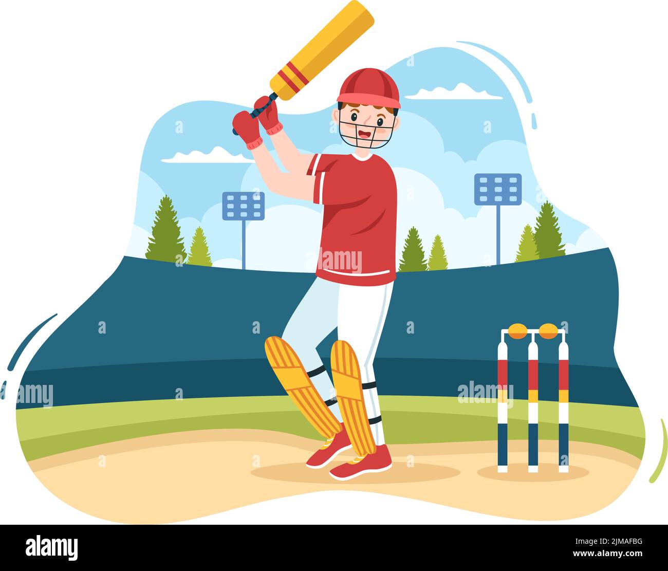 Batsman Playing Cricket Sports with Ball and Stick in Flat Cartoon