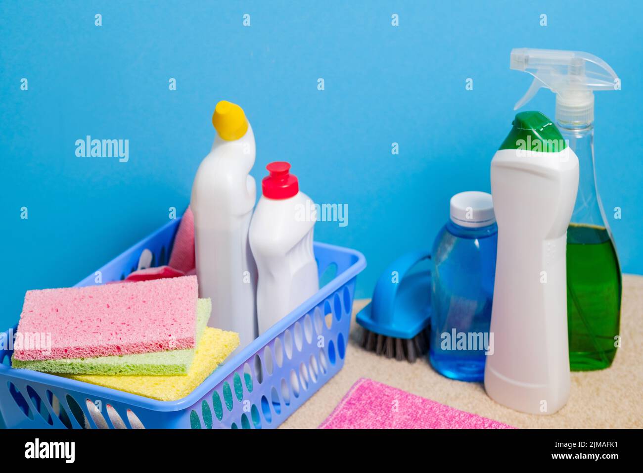 home cleaning background must have supplies Stock Photo