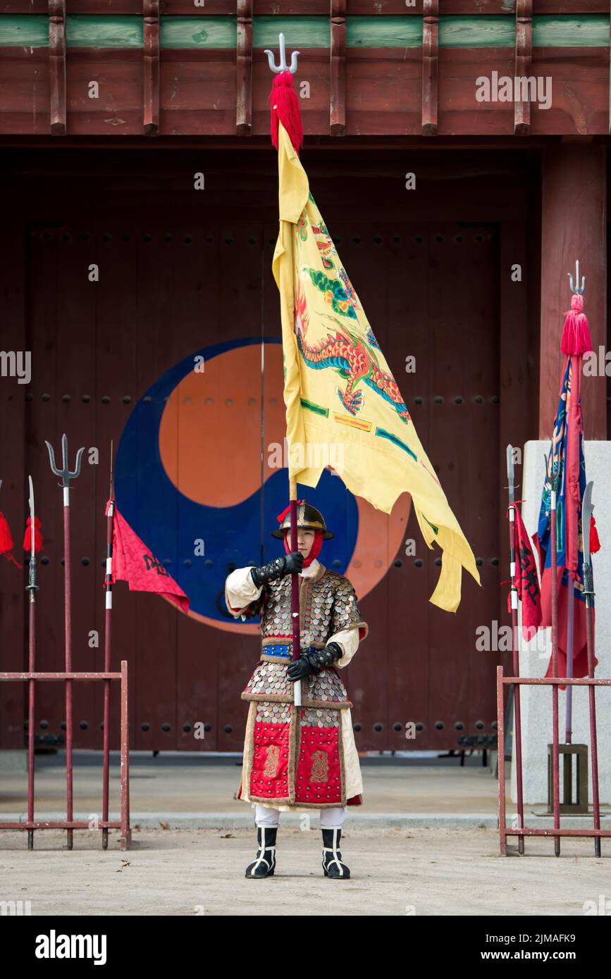 Korean soldier with traditional Joseon dynasty during show martial arts