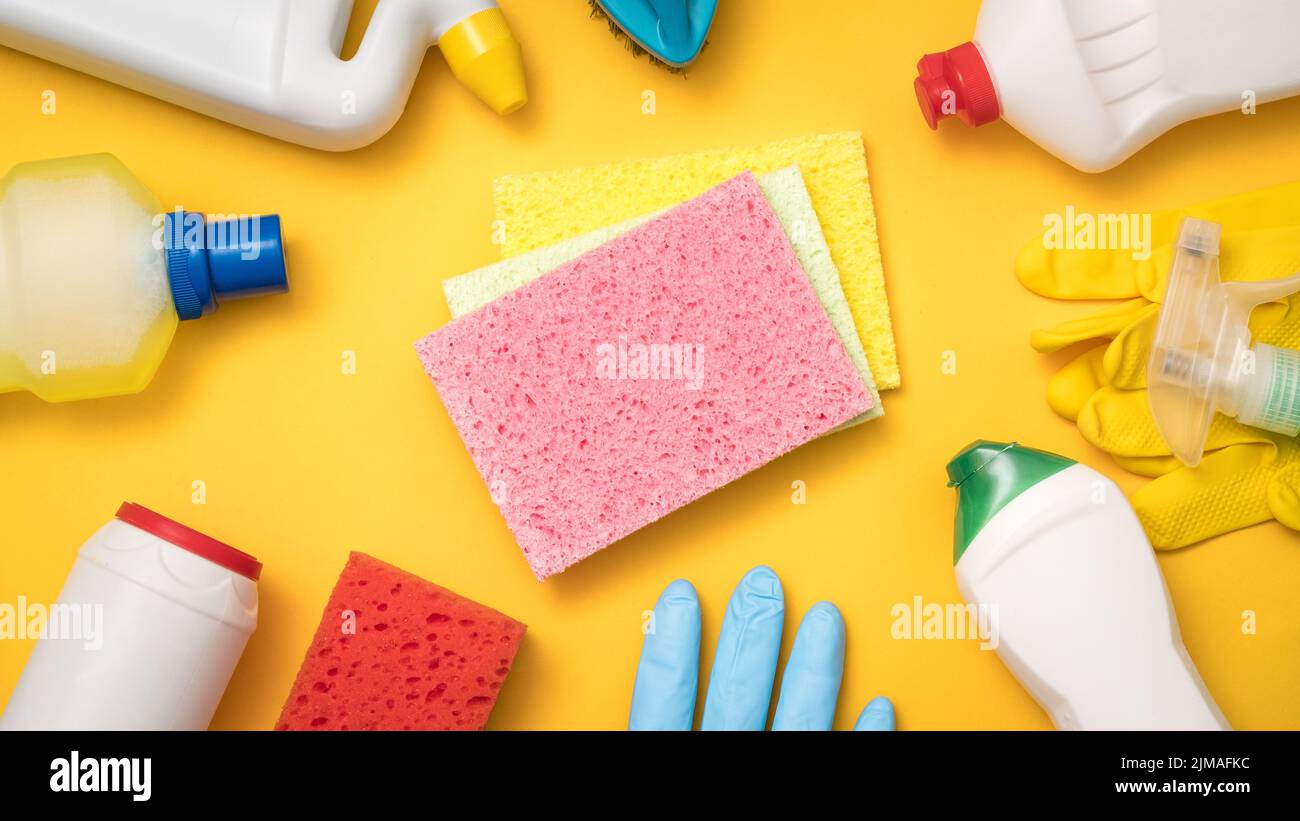 home cleaning background must have supplies Stock Photo