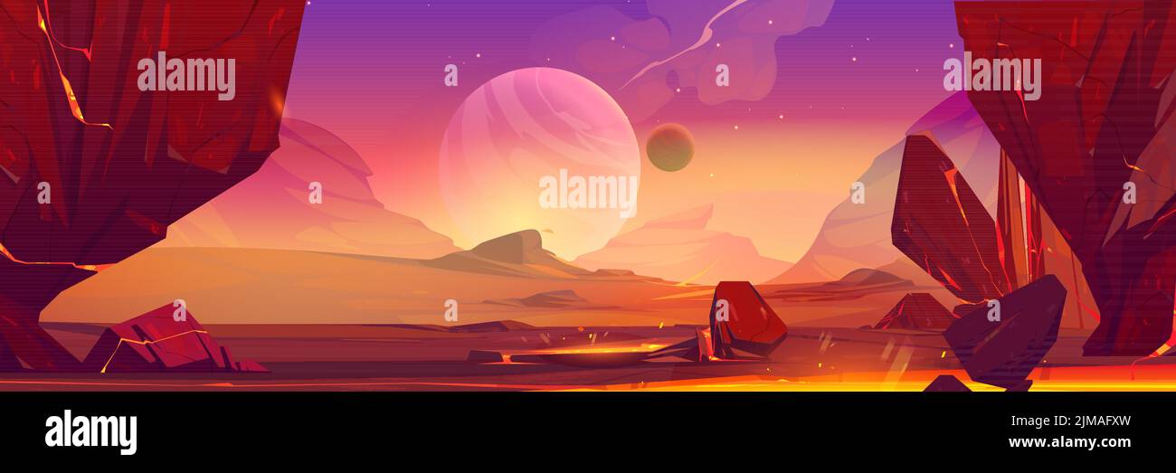 Space landscape cartoon illustration with rocks and craters, large alien planet on horizon. Fantasy scene of mysterious stars, satellite and meteors in purple sky. Astronomy science. Cosmic background Stock Vector