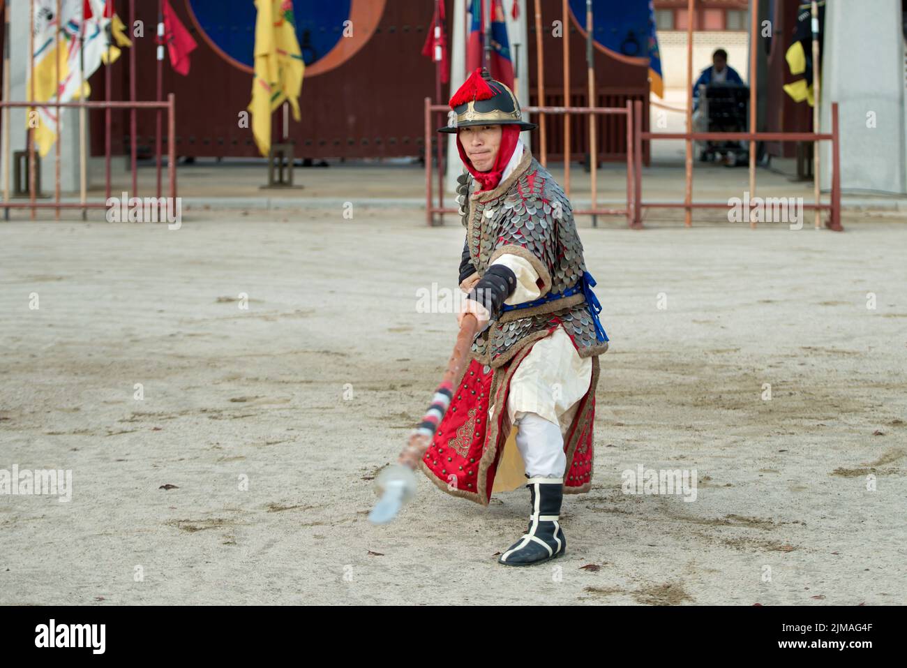 Korean soldier with traditional Joseon dynasty during show martial arts