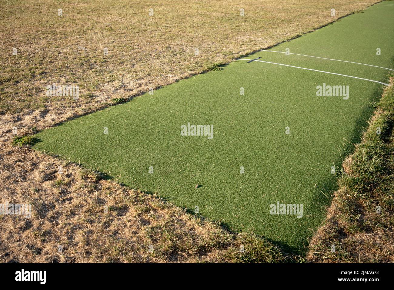 A landscape of parched grass and an artificial cricket crease in Ruskin Park, a south London public space as the UK's heatwave and drought continues into August with little rain having fallen in London and south-east England, on 5th August 2022, in London, England. Stock Photo