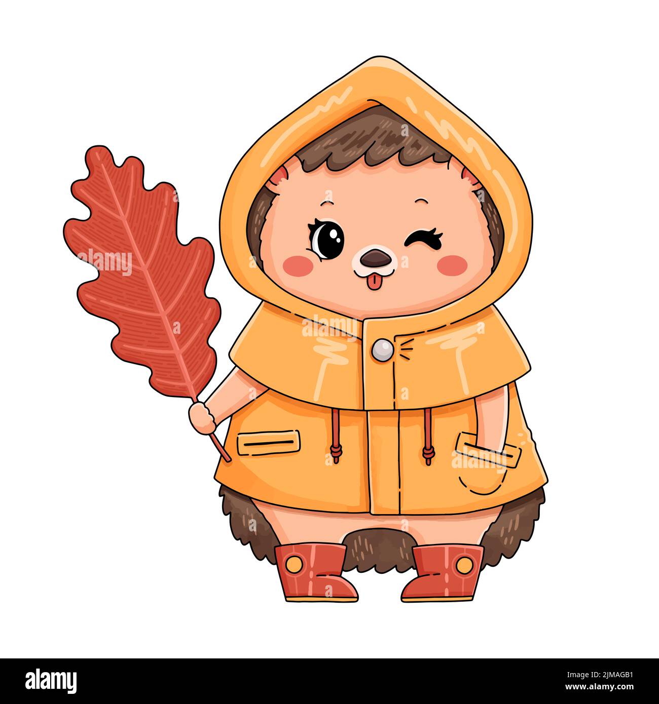 Hedgehog in yellow raincoat with red leaf vector Stock Vector