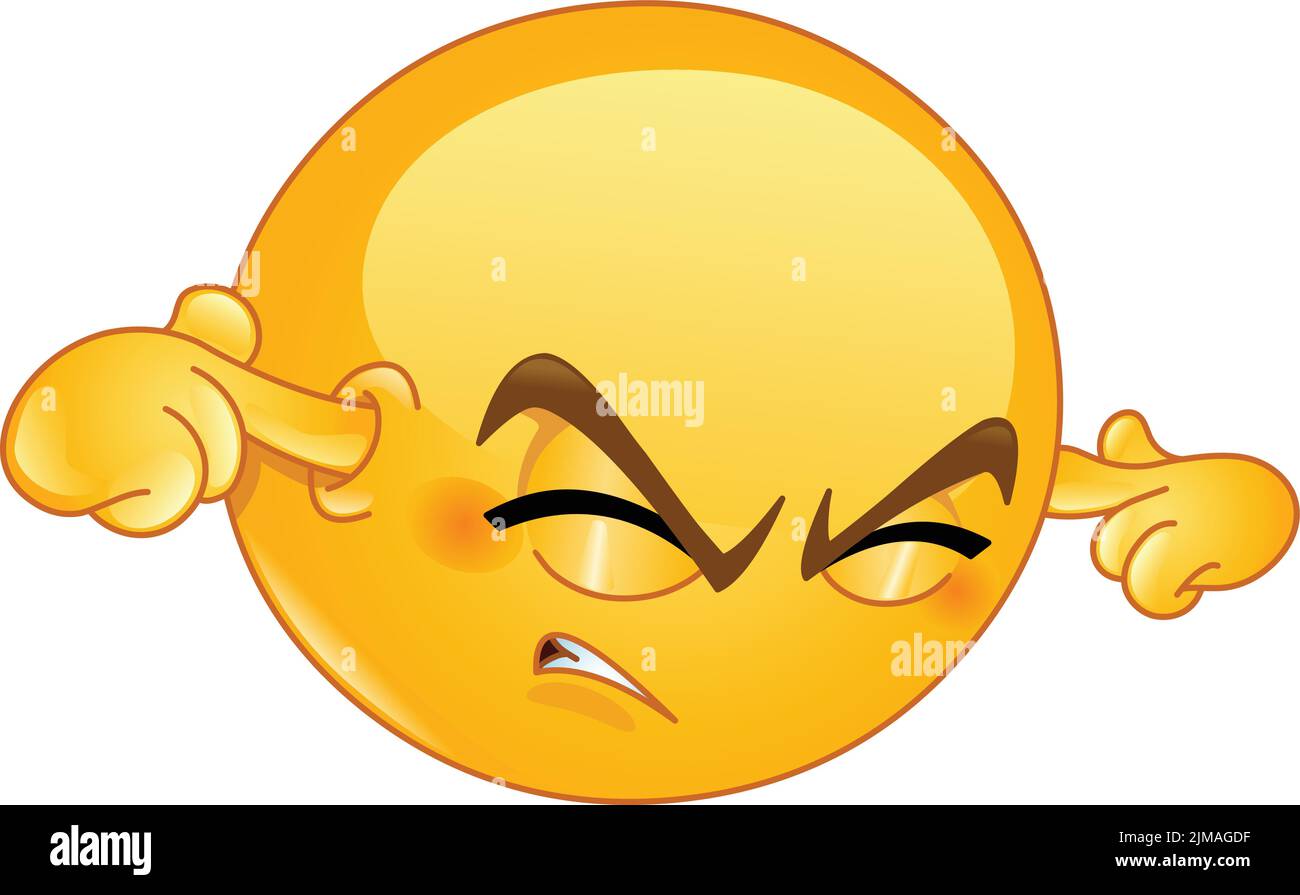 Annoyed emoji emoticon plugging his ears to avoid loud noise, having irritated look. Stock Vector