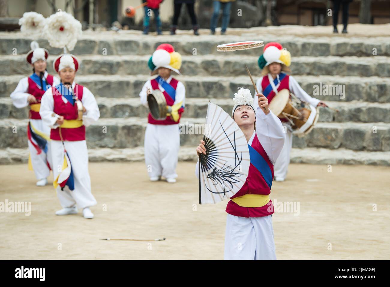 The ending of the traditional Korea farmers dance at the Korean folk village in Yongin Stock Photo