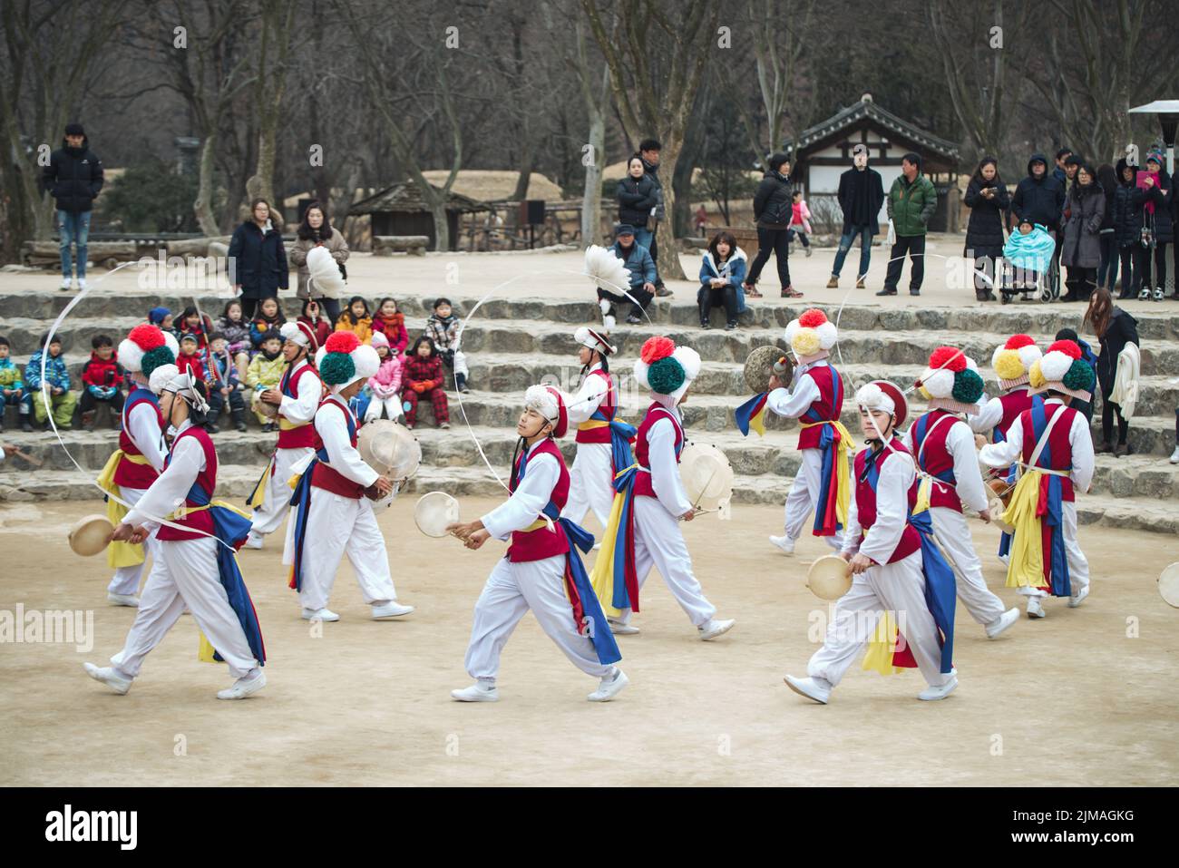 The ending of the traditional Korea farmers dance at the Korean Stock Photo