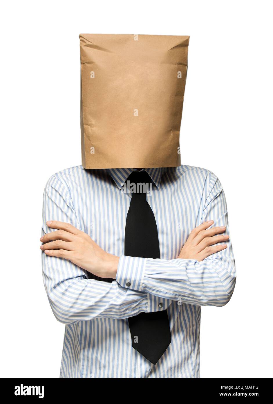 Young man covering his head using a paper bag. Man worries Stock Photo