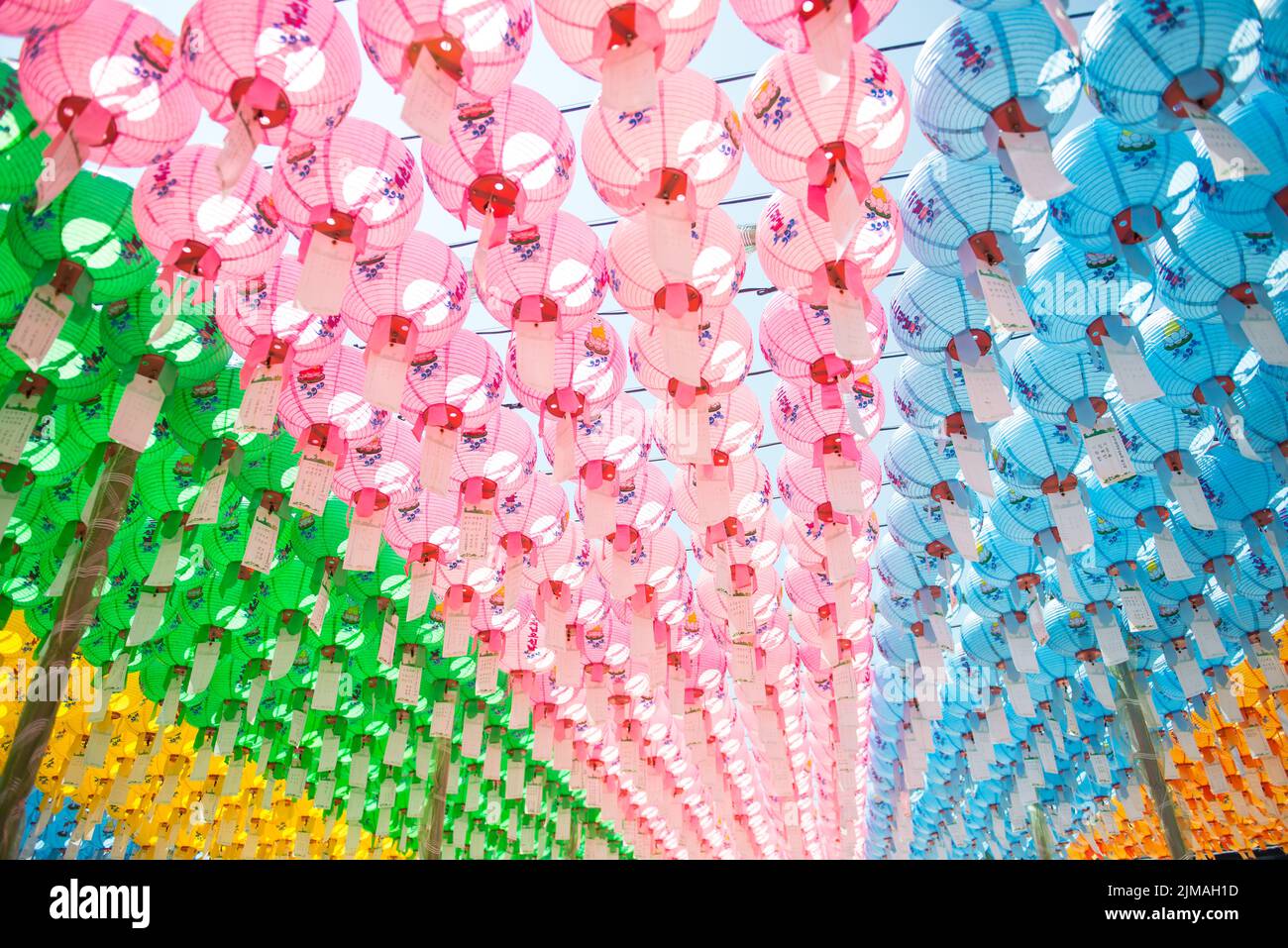 Hundreds of lanterns hanging out of the Bulguksa temple in South Korea. Stock Photo