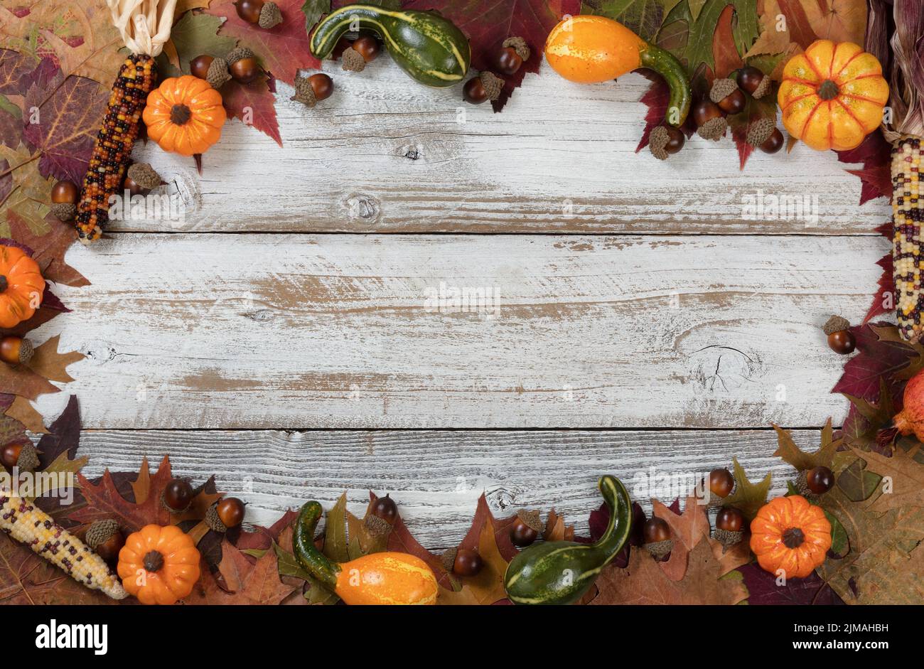 Complete circle border of Autumn foliage with other fall decorations on white rustic wooden boards Stock Photo