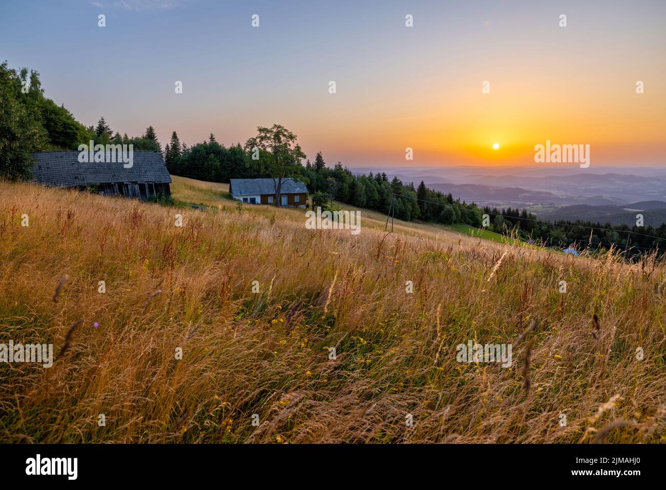 Green meadow on the hill at sunrise, mountains and forest in the background. No people, clear sky, two old buildings at the main scene Stock Photo