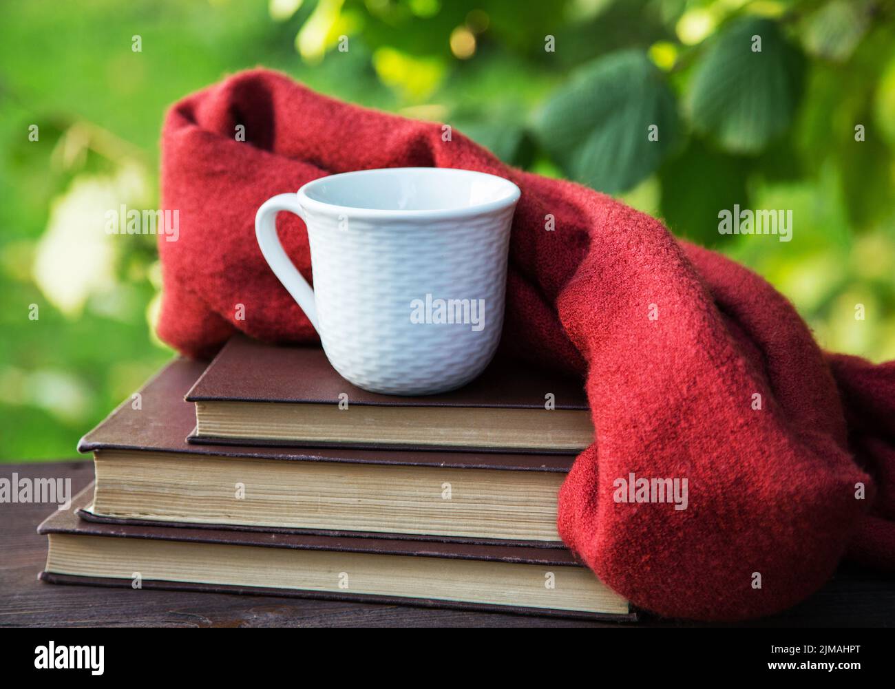 Cup of tea on the table with a scarf and a pile of books Stock Photo