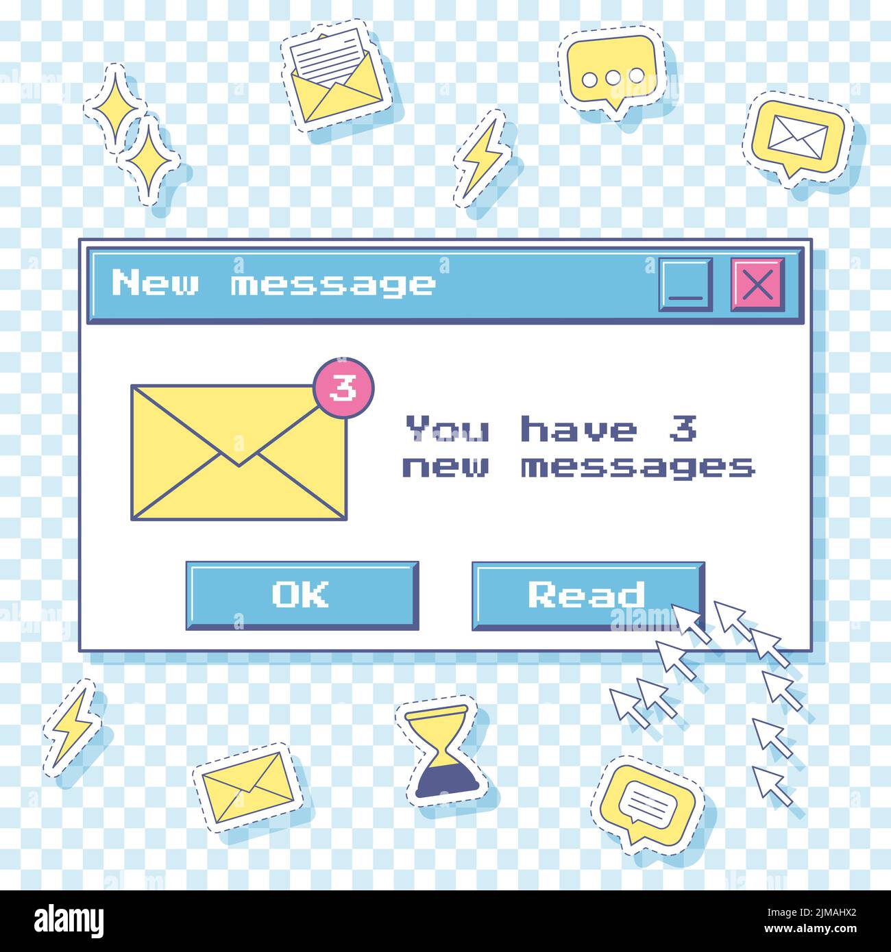 Template for social networks with a retro window with notification of new messages. Y2k stickers icons of message, comment, envelope, hourglass. Old c Stock Vector