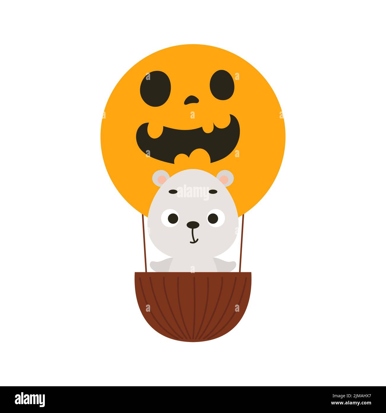 Cute little polar bear flying on Halloween hot air balloon. Cartoon ...