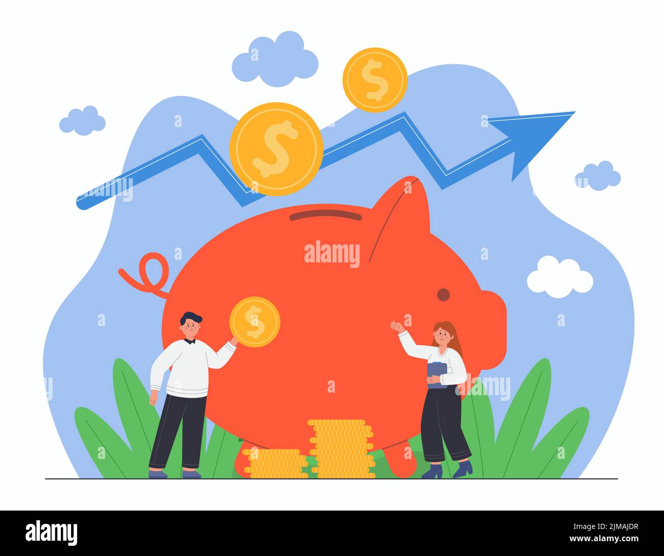 Tiny man and woman with piggy bank flat vector illustration. People holding gold coins, planning budget, saving money, achieving financial goals, open Stock Vector