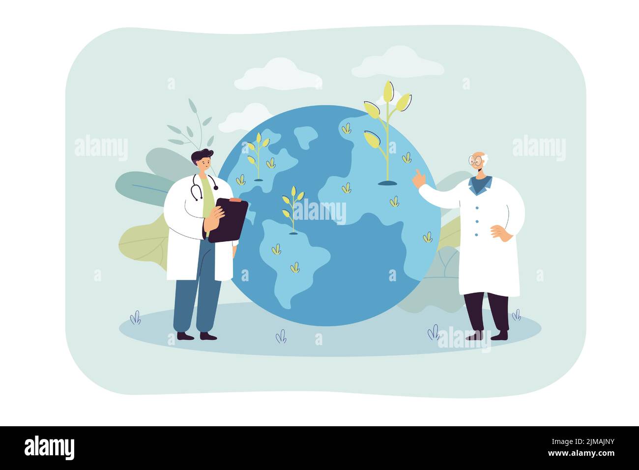 Tiny scientists and earth with growing plants. Green sprouts on planet flat vector illustration. Ecology, environment, nature, science concept for ban Stock Vector