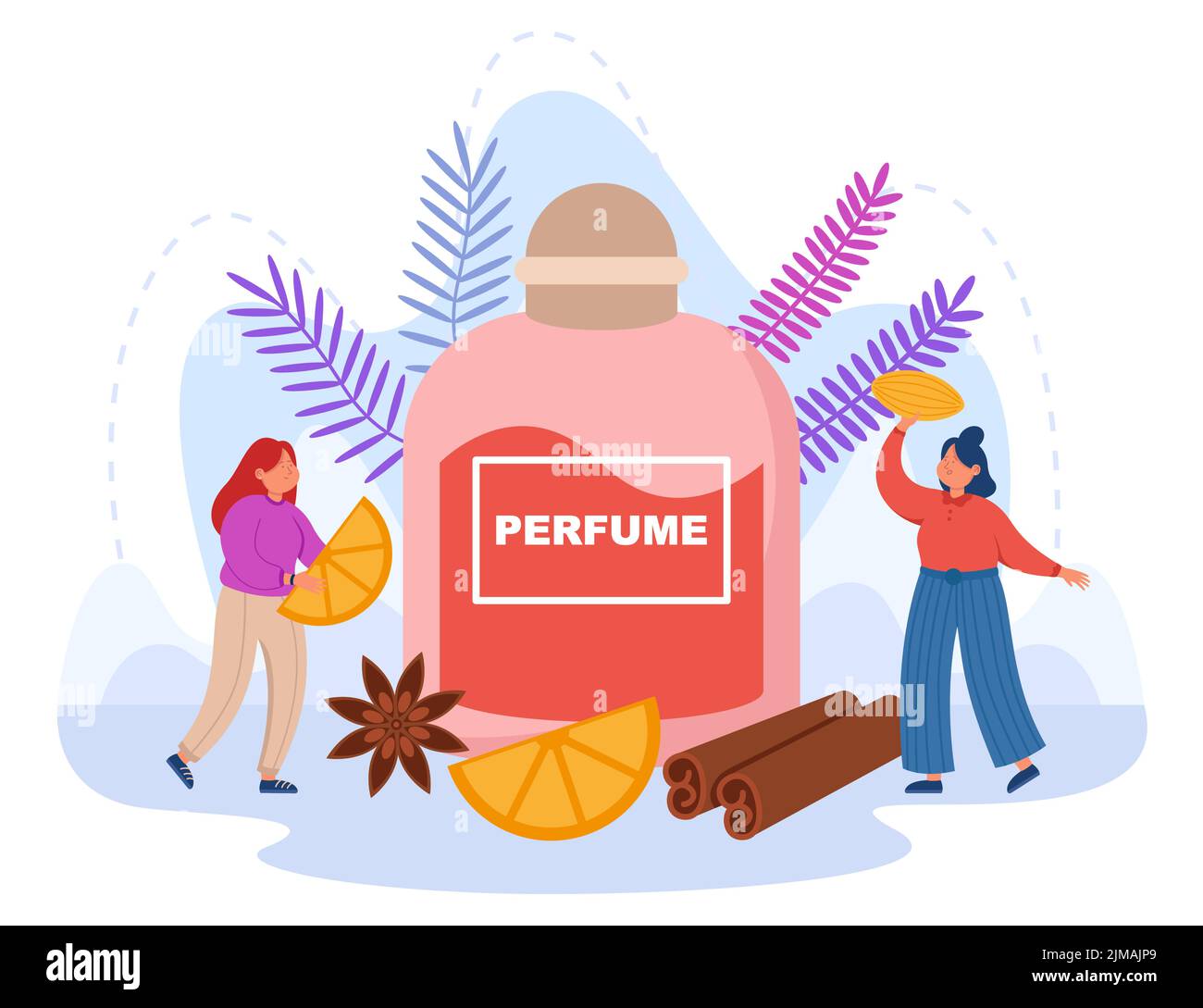 Tiny women with huge perfume bottle flat vector illustration. Girls creating new fragrance or