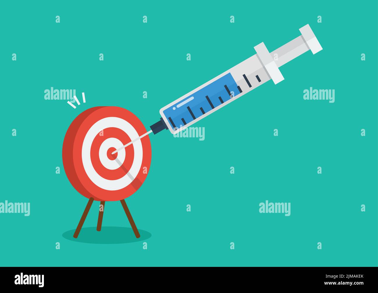 Big vaccine syringe injection to target dartboard. COVID-19 vaccine discovery success, Stock Vector