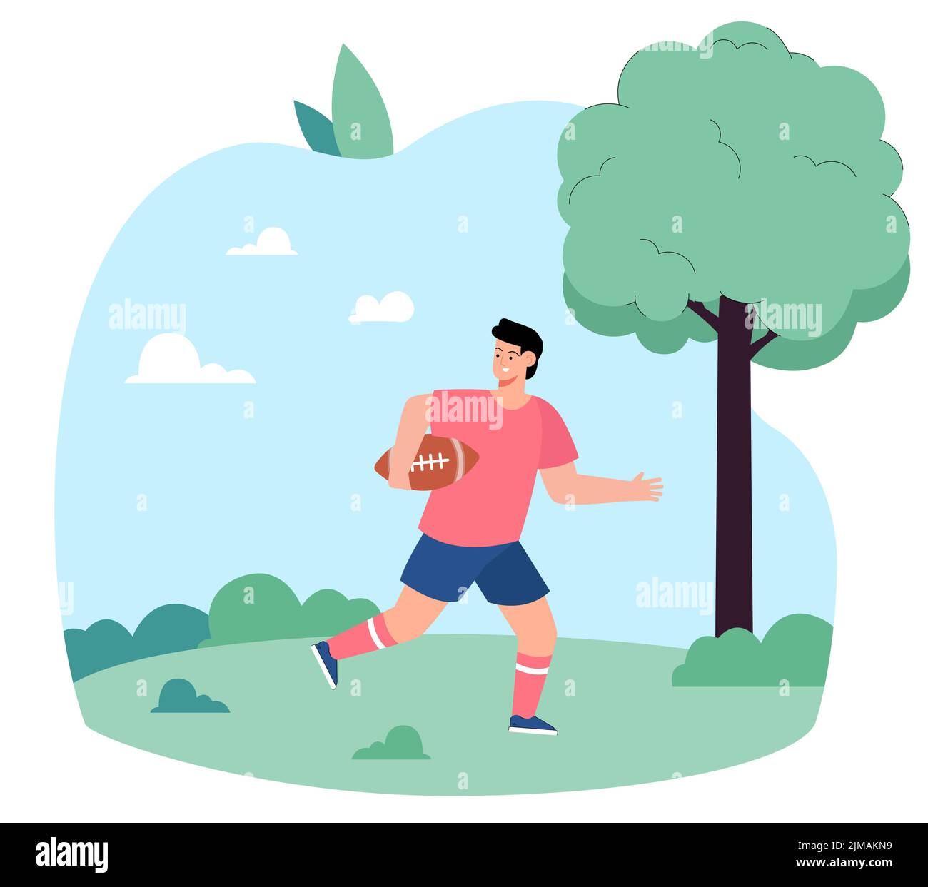 Young boy running through field with rugby ball. Kid cartoon character playing ball game flat vector illustration. Sports, outdoor activity concept fo Stock Vector