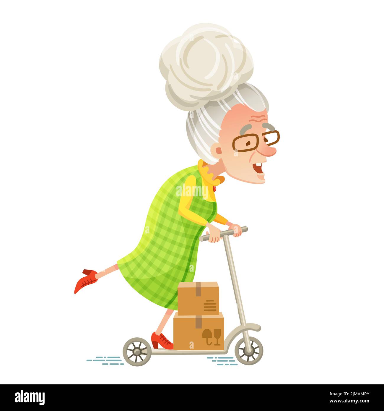 Vector illustration in cartoon style. An active elderly happy woman on a scooter delivers parcels Stock Vector