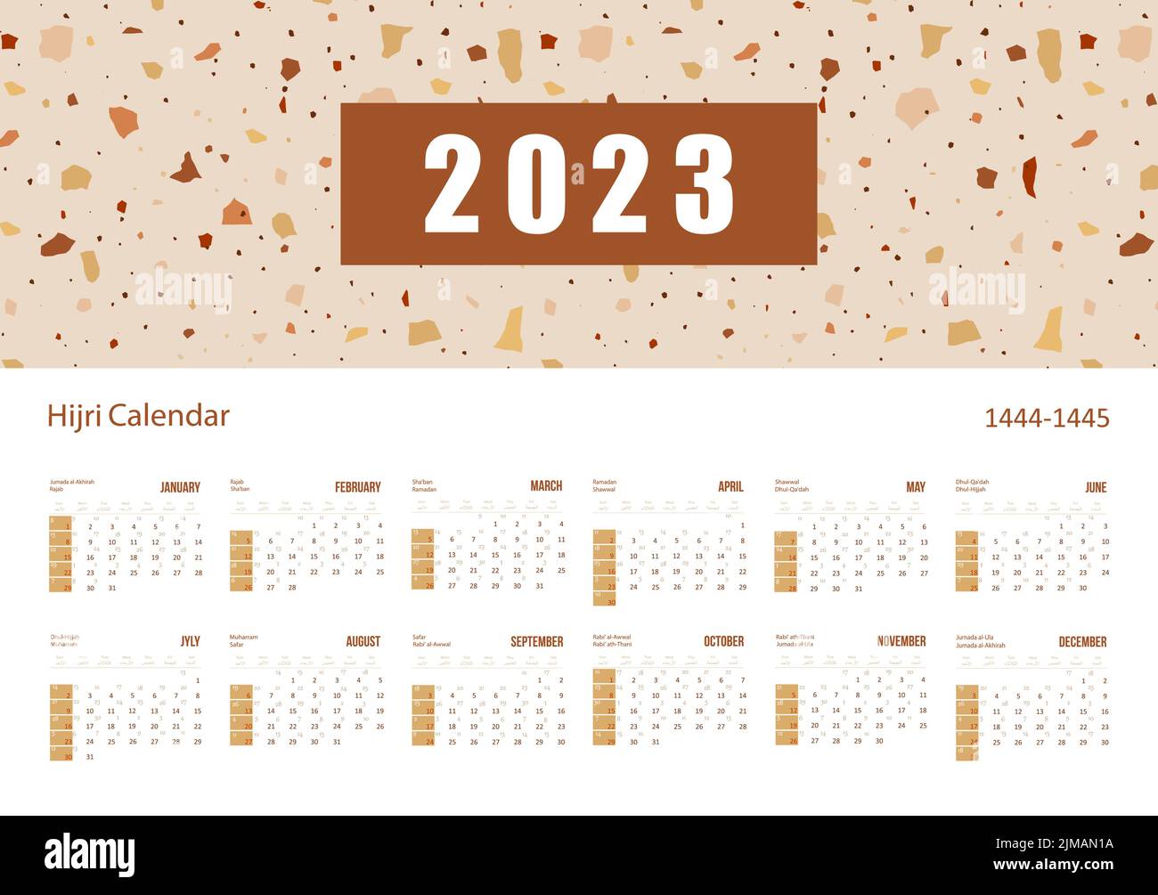 Hijri islamic and gregorian calendar 2025. From 1444 to 1445 vector