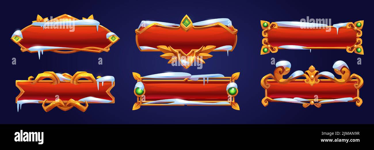 Red game buttons with golden frames in medieval style, gems and snow ...