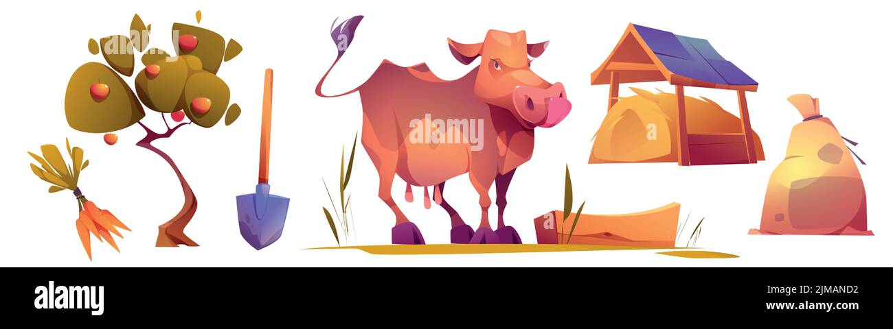 Cow on farm cartoon vector illustration set. Hay stack, sack, shovel ...