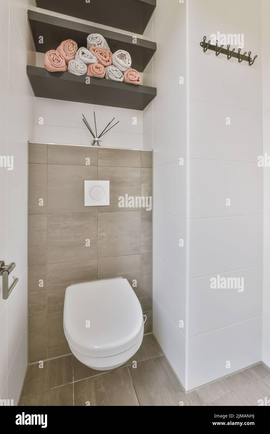 Interior of contemporary bathroom with shower place and toilet in minimal style flat Stock Photo