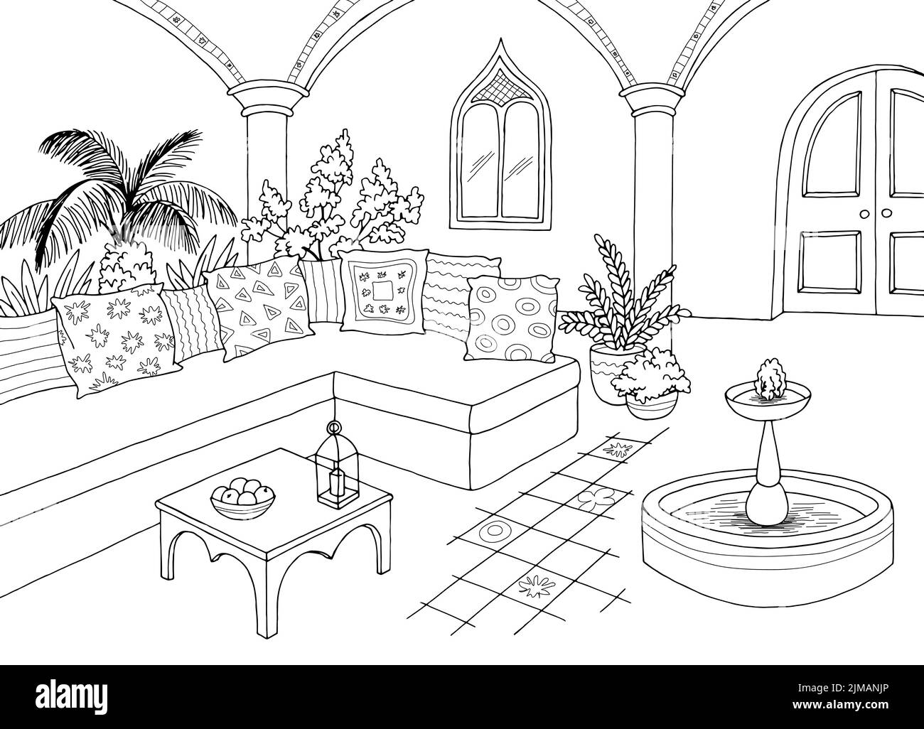 Arabic yard graphic black white interior sketch illustration vector Stock Vector