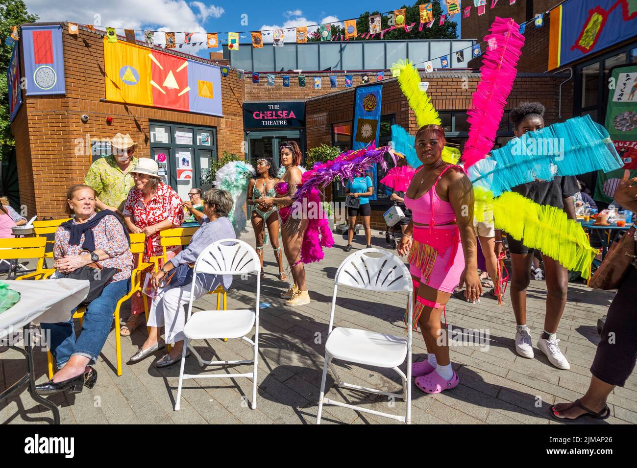London, UK.  5 August 2022. Members of Funatiks costumes at Carnival in Chelsea, an event showcasing carnival costumes, music and culture.  The show is outside The Chelsea Theatre and is part of this year’s Kensington & Chelsea Festival. Credit: Stephen Chung / Alamy Live News Stock Photo