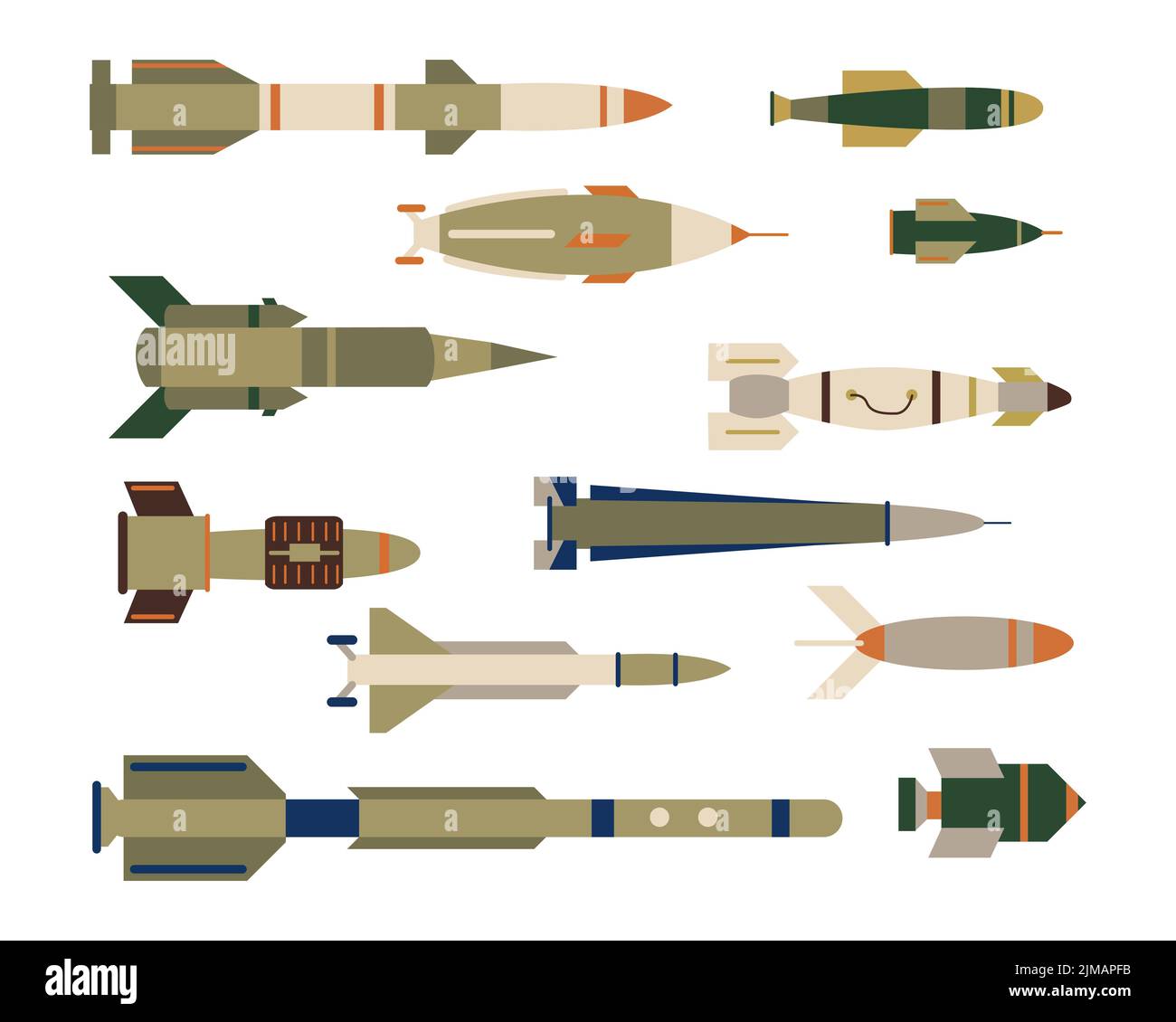 Types of military missiles or rockets vector illustrations set. Collection of different ballistic air bombs, artillery shells, warheads isolated on wh Stock Vector