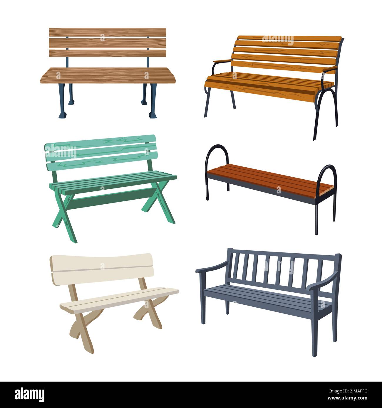 Various wooden park benches cartoon illustration set. Colorful garden or city benches for outdoor relaxation or public spaces decoration. Furniture, u Stock Vector