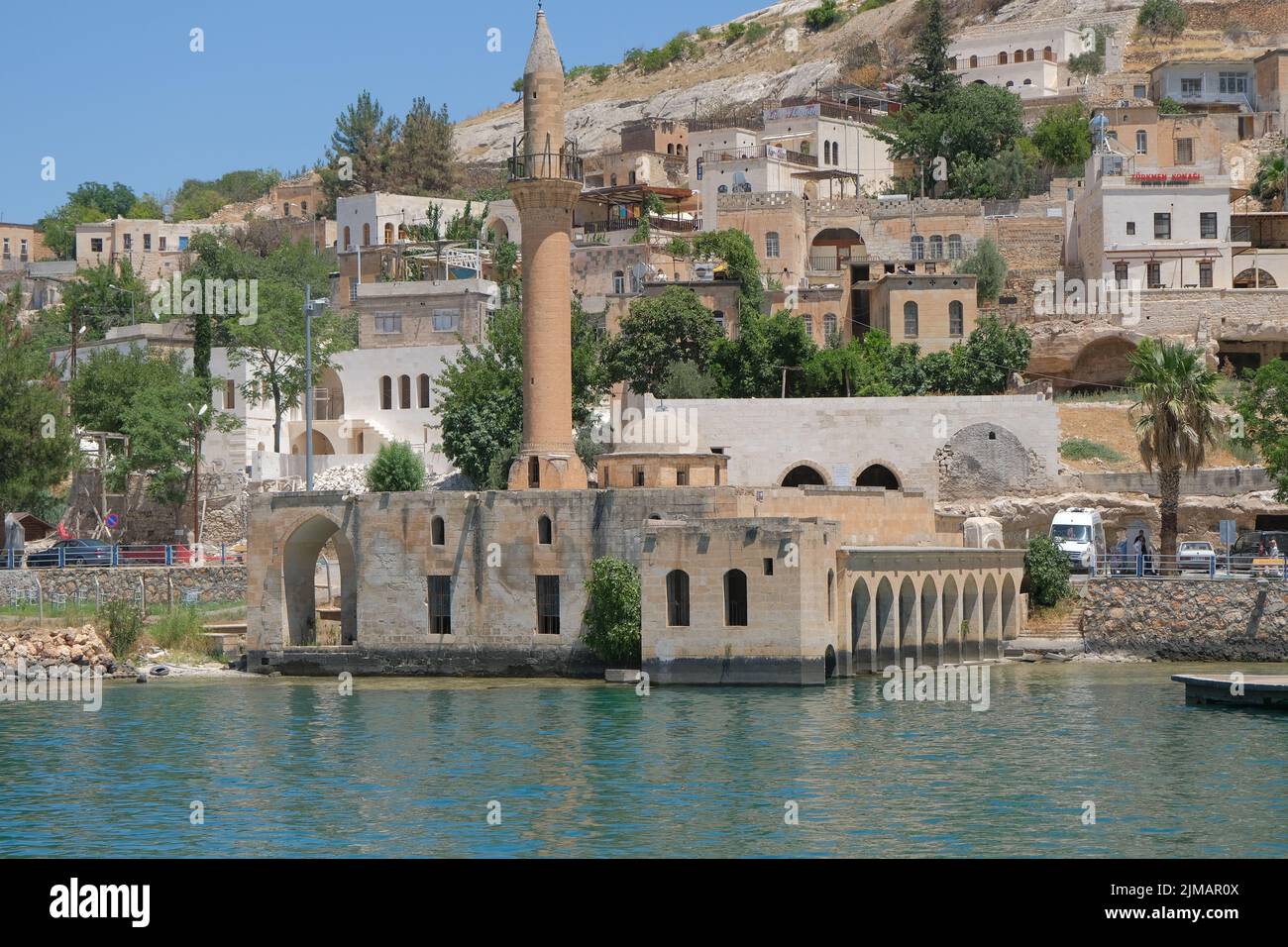 Grand Mosque in Halfeti, Local name in Halfeti Ulu Cami, sunken mosque in the water of euphrates river.  07.14.2022. anlurfa. Turkey. Stock Photo