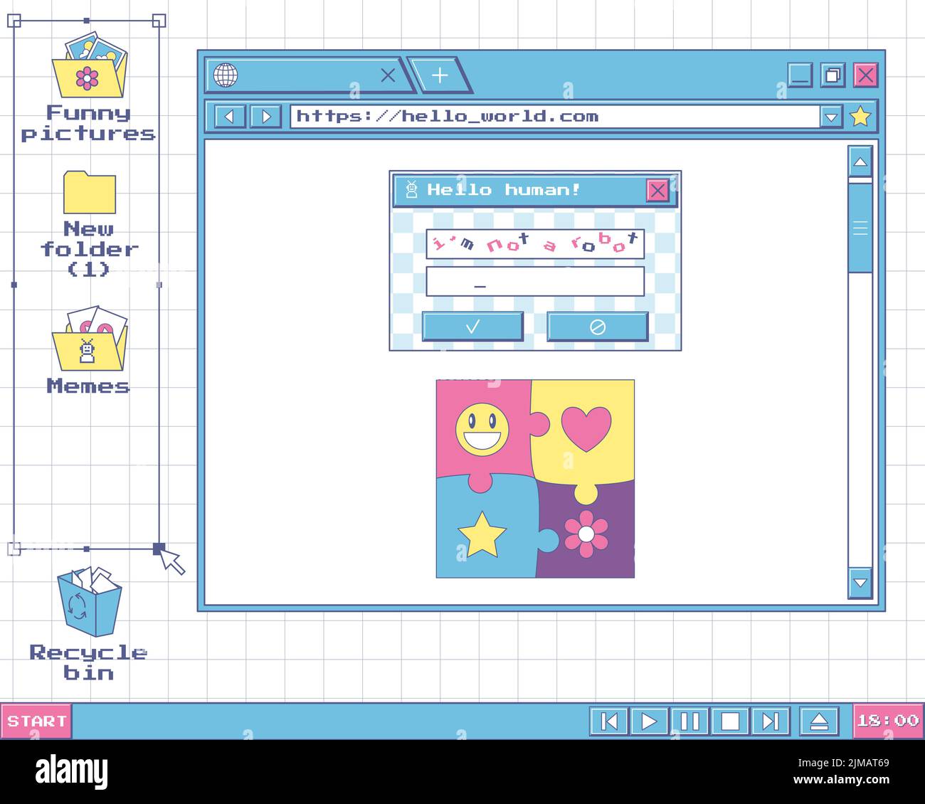 Desktop in style of an old computer. UI design elements, icons, web