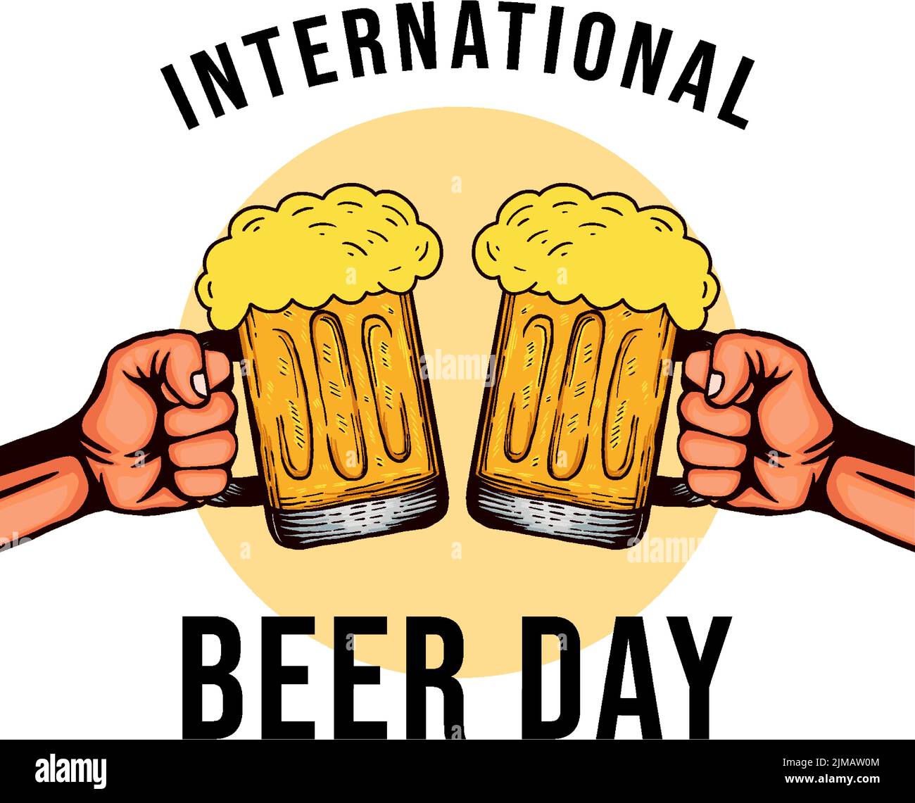 hand drawn international beer day illustration with two hands holding beer glasses Stock Vector