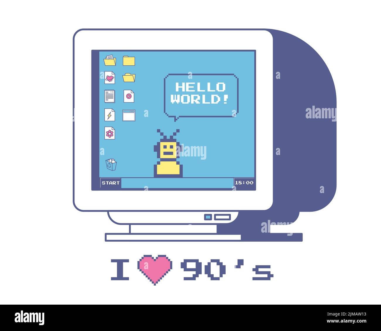 Cute vintage old computer monitor. Desktop with retro icons, folders and buttons. A robot and speech bubble with phrase Hello world. I love the 90s. N Stock Vector