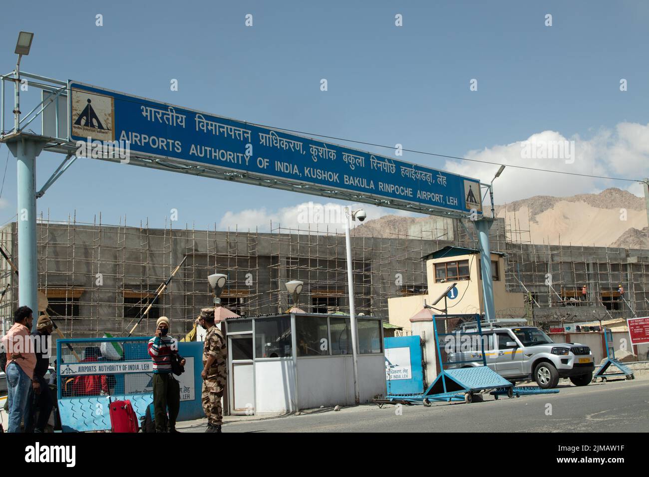 Leh Airport, Ladakh, India 10 April 2022 - Kushok Bakula Rimpochee Domestic Airport Sign Board By Airport Authority Of India At The Entrance Of Domest Stock Photo