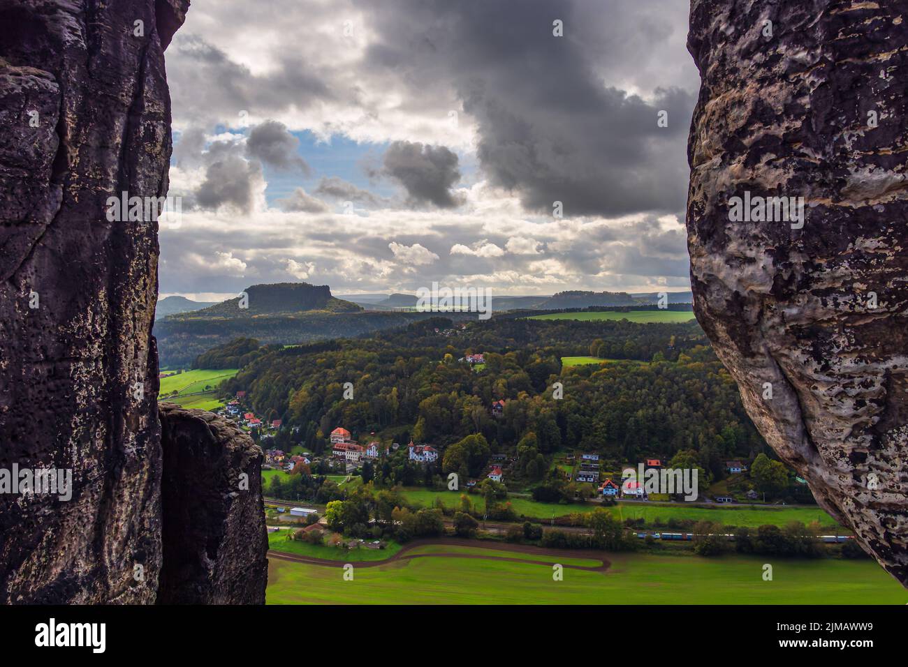 View from the rock Bastei to the Saxon Sandstone Mountains, Germany. Stock Photo