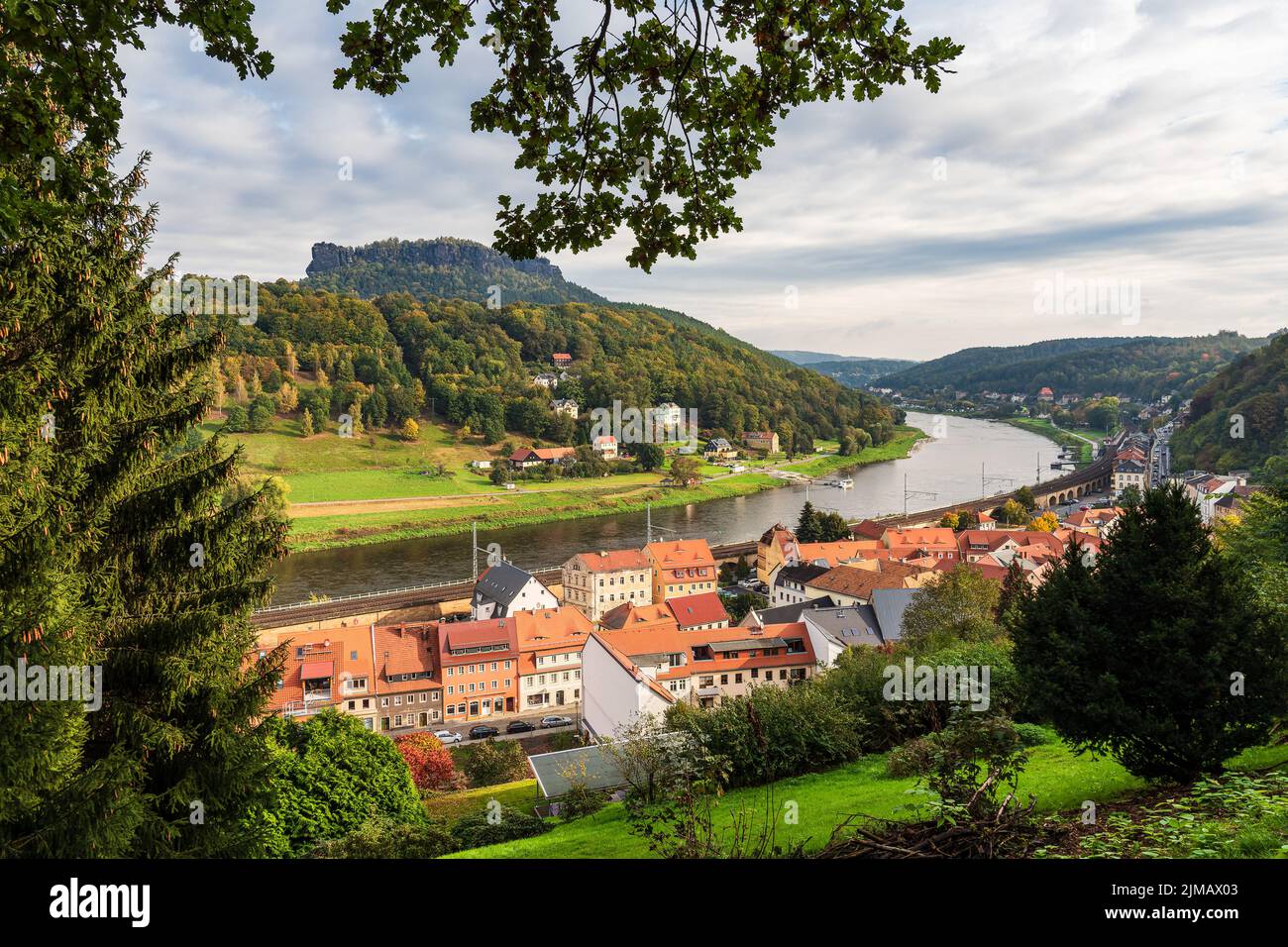 View over the river Elbe to the Saxon Sandstone Mountains, Germany. Stock Photo