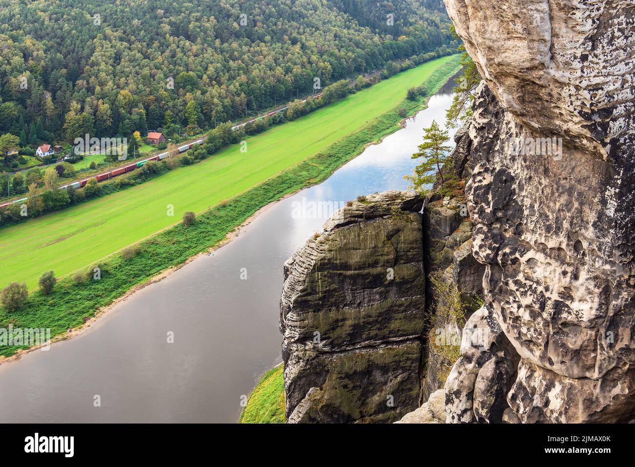 View over the river Elbe to the Saxon Sandstone Mountains, Germany. Stock Photo