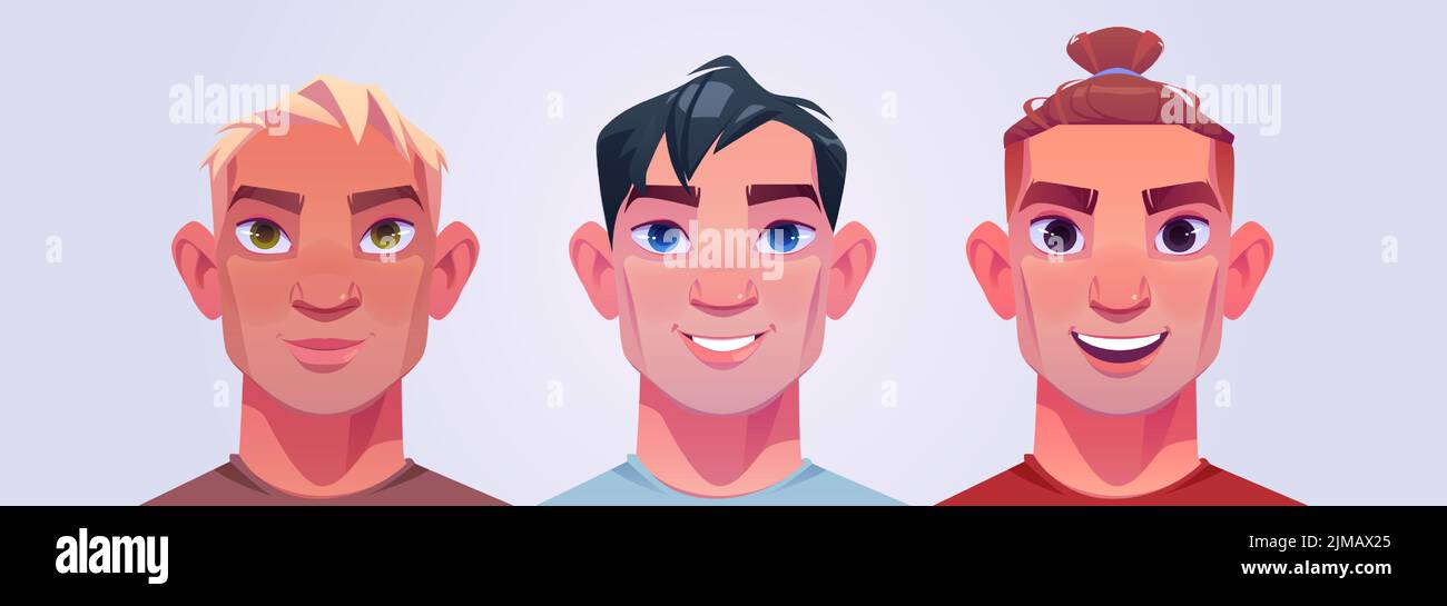Men heads with different hairstyles. Handsome male characters avatars. Vector cartoon illustration of person portraits, guys faces with short blond hair, quiff and bun Stock Vector