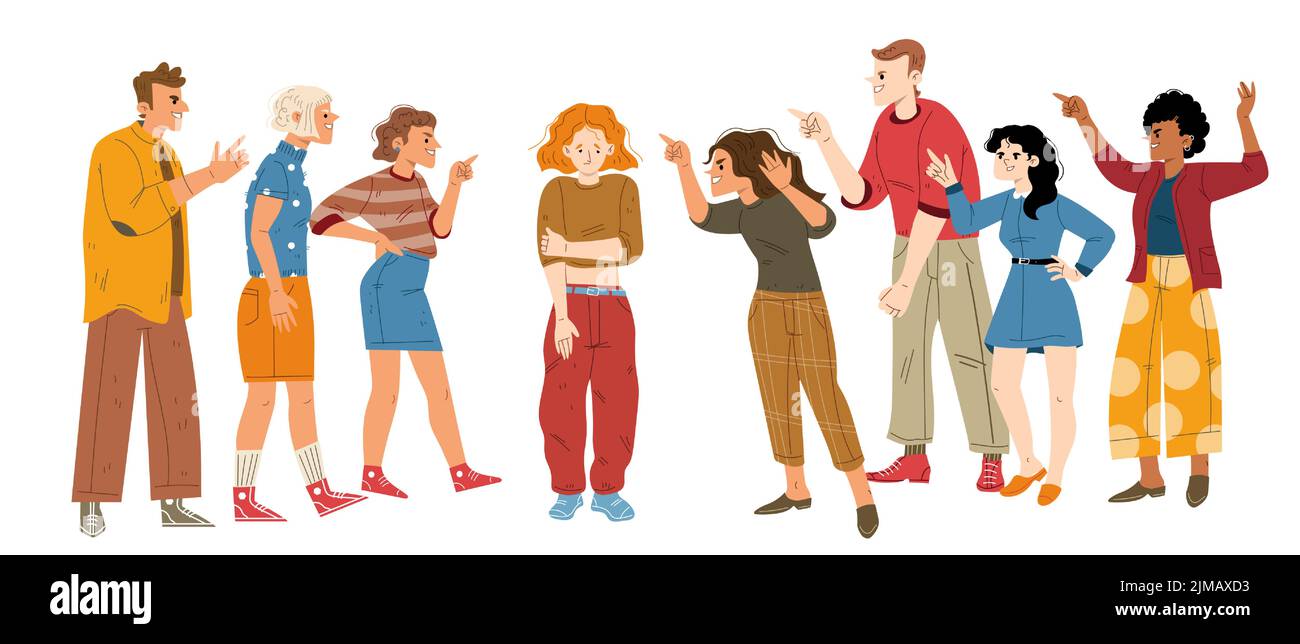 Crowd of aggressive people bully and blame outcast woman. Scared female victim character express abuse trying to hide from angry persons pointing on her with fingers, Line art flat vector illustration Stock Vector