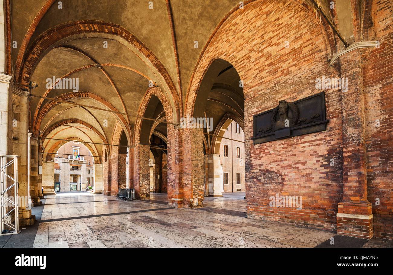 Arcade of Palazzo Comunale (Gothic palace) in the center of Piacenza Stock Photo