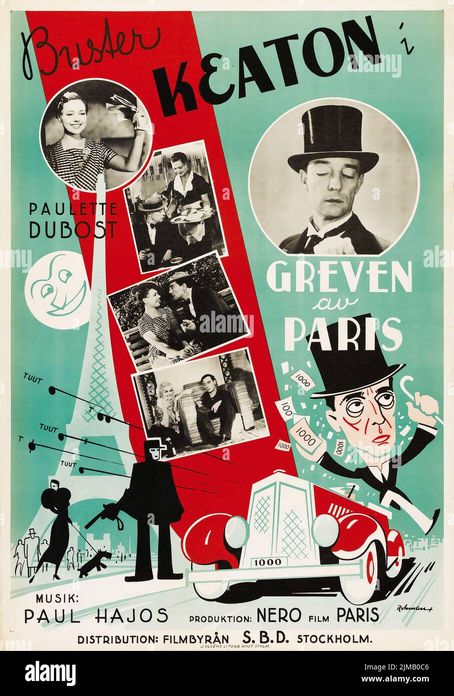 Buster Keaton - Greven av Paris - The Champs of the Champs Elysees (Paramount, 1934). Swedish film poster - Eric Rohman artwork Stock Photo