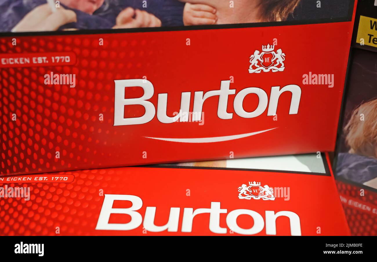 burton cigarettes Viersen, Germany - July 9. 2022: Closeup of red cigarette box of cheap  discount brand Burton Stock Photo