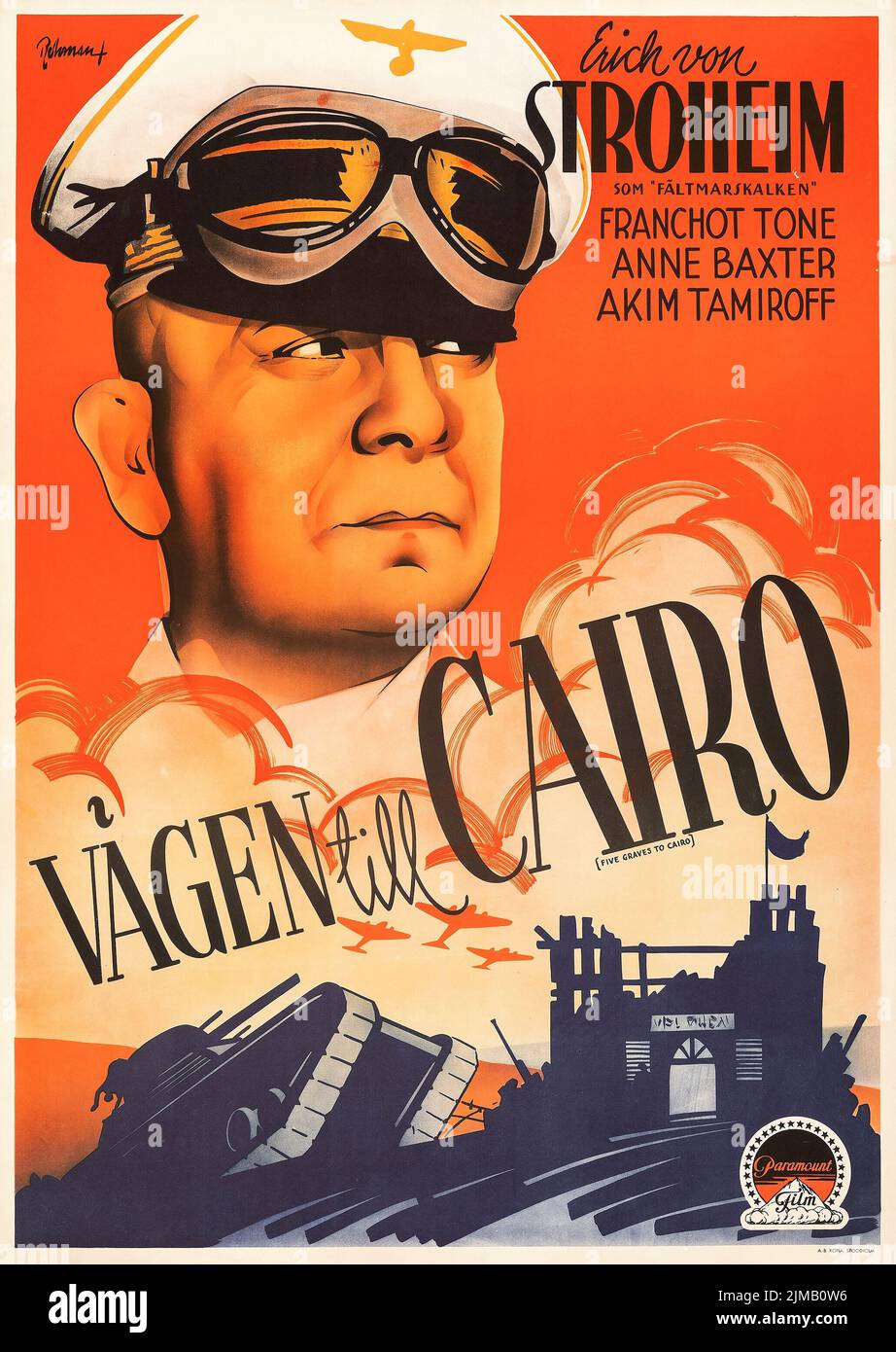 Vägen till Cairo - Five Graves to Cairo (Paramount, 1944). Swedish film poster. Eric Rohman Artwork. Erich von Stroheim. Stock Photo