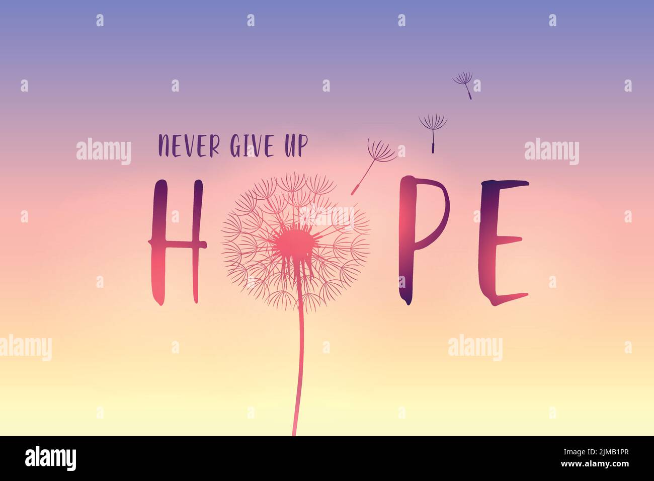 hope typography with dandelion on purple sky background Stock Vector